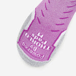 Thorlos Experia Energy sock sole view in purple and gray with brand logo