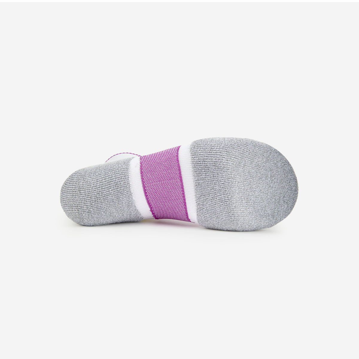 Bottom sole view of Thorlos Experia Energy Sock in gray with purple stripe
