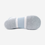 Bottom sole view of Thorlos Experia Energy Sock in gray, blue, and white