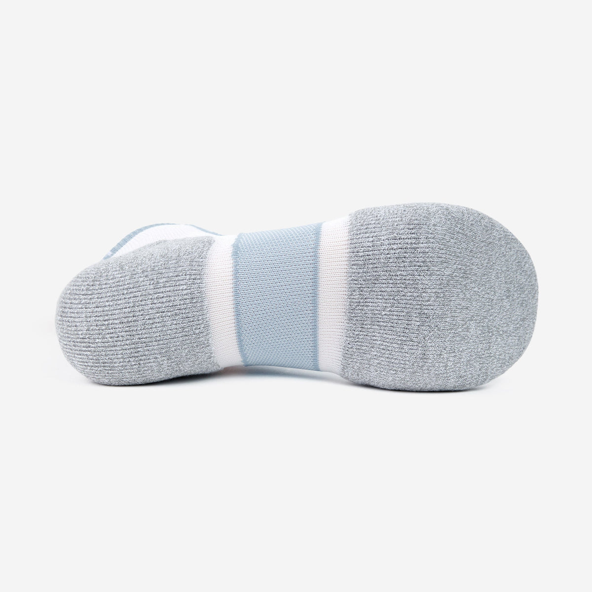 Bottom sole view of Thorlos Experia Energy Sock in gray, blue, and white