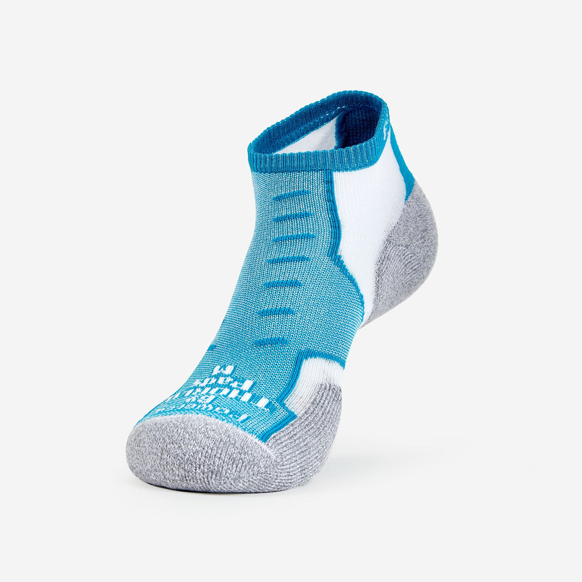 Thorlos Experia Energy low-cut running sock in teal blue, white, and gray