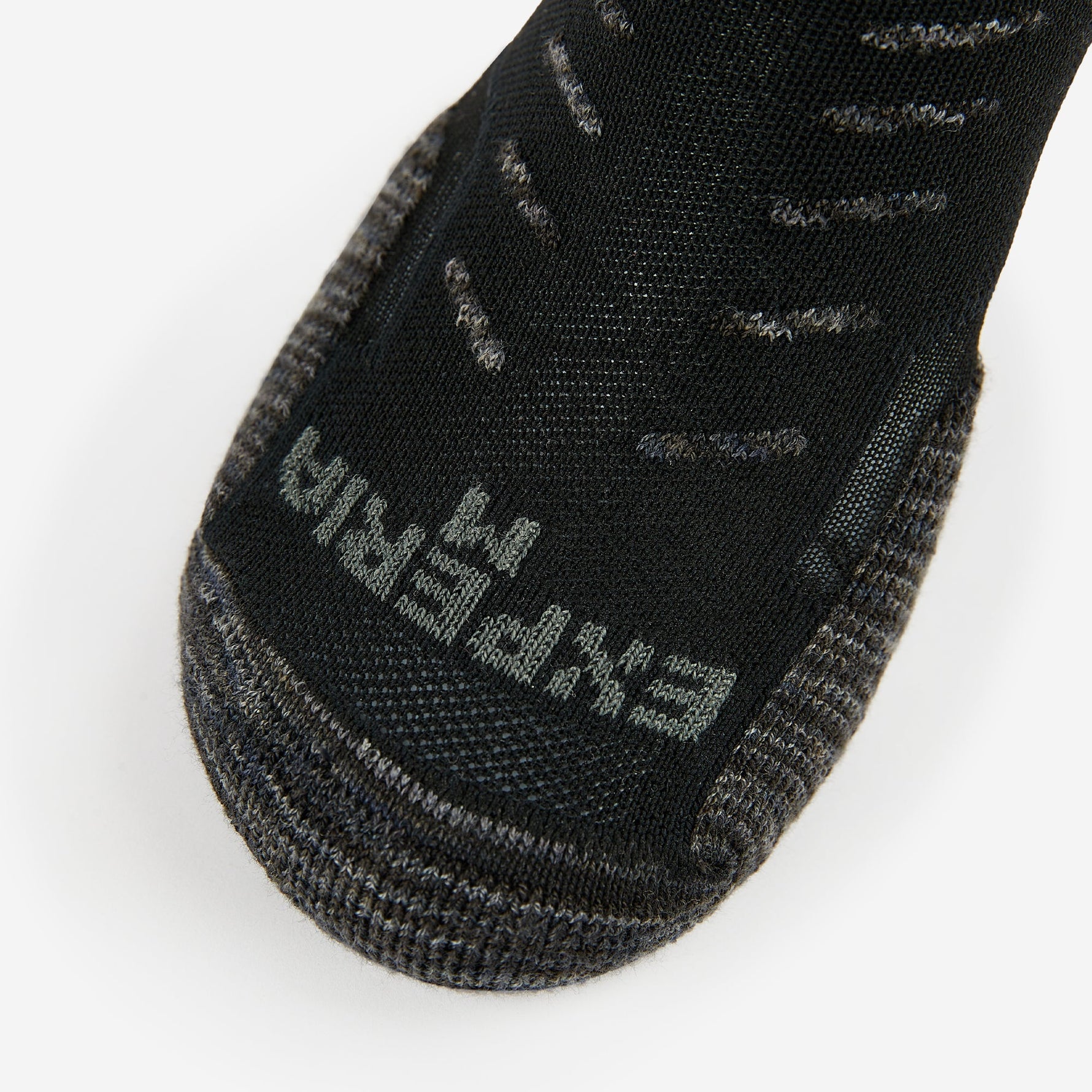 Experia No Show Tab Socks in Black Tiger colorway, toe box close-up view