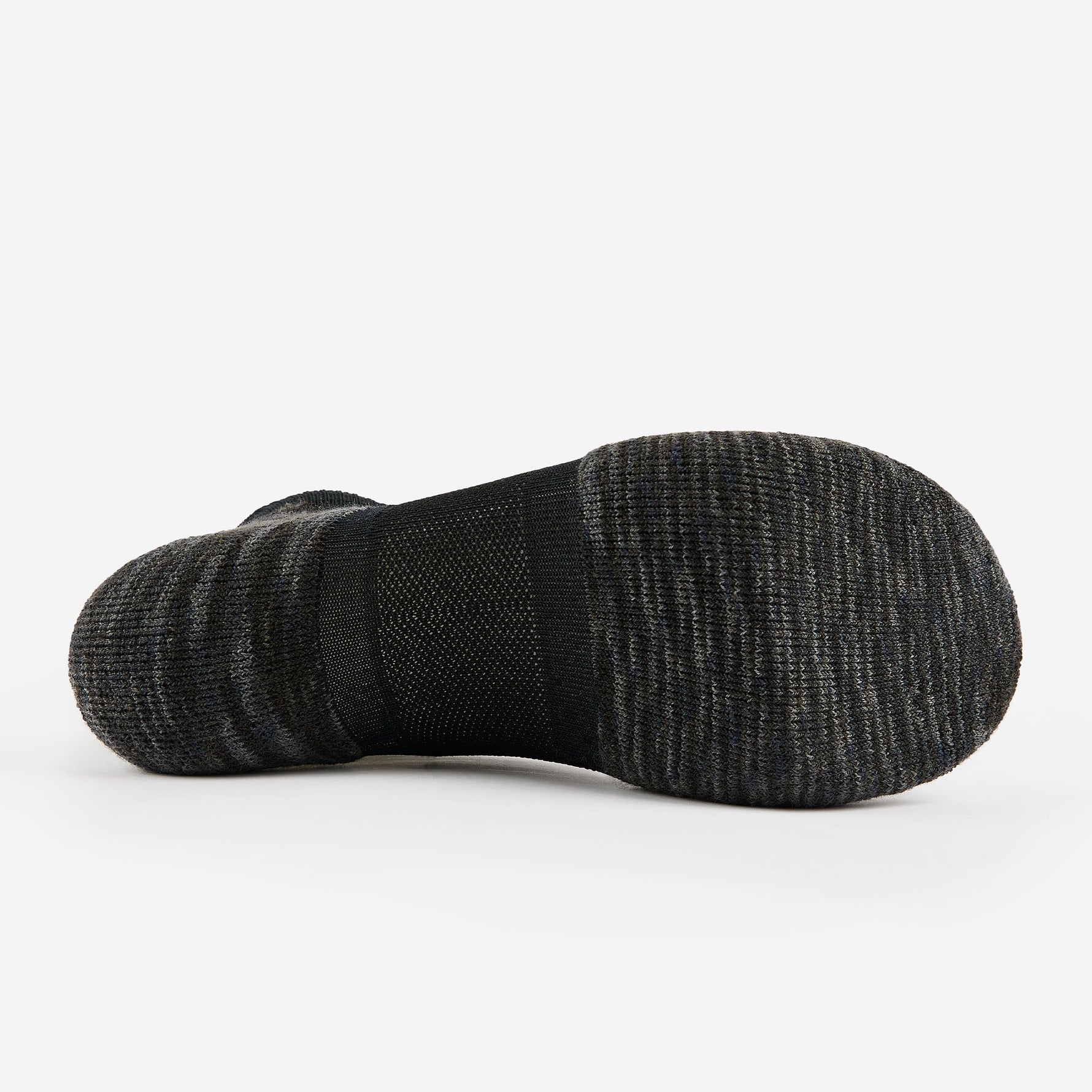 Bottom sole view of Experia No Show Tab Socks in dark charcoal grey knit fabric