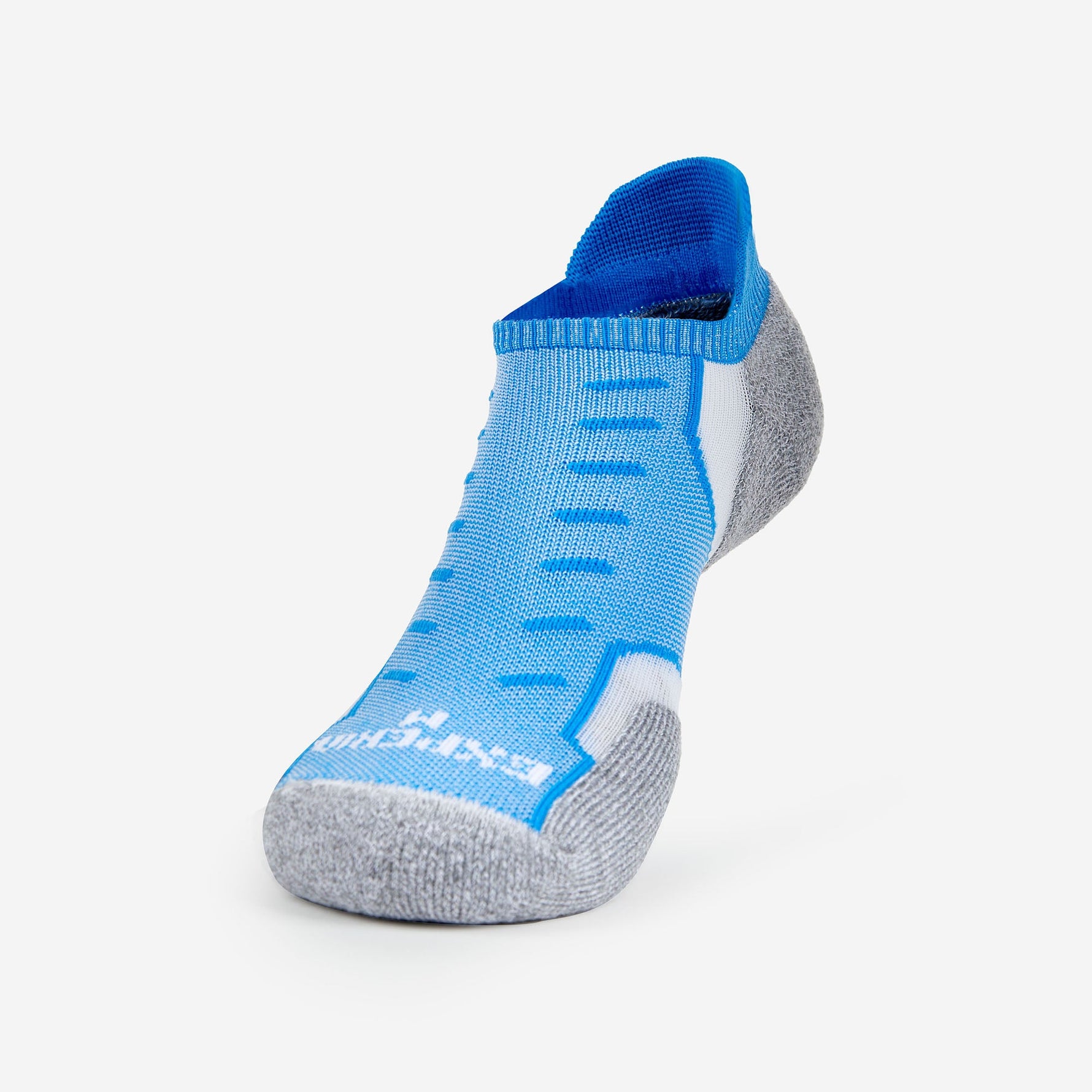Experia No Show Tab running sock in royal blue, white, and gray colorway