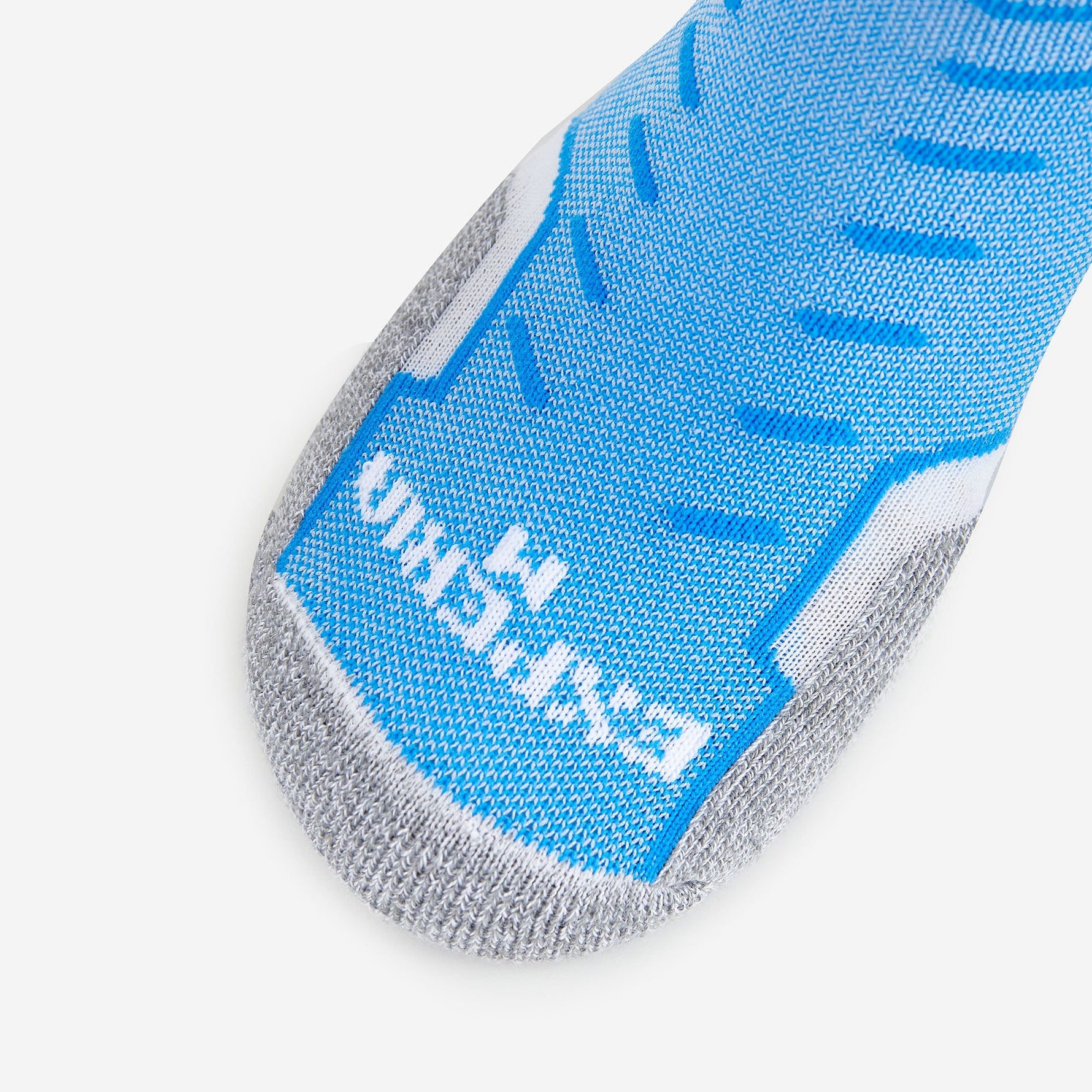 Experia No Show Tab Socks in royal blue and gray with branded toe detail