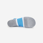Bottom view of grey Experia No Show Tab socks with blue and white stripe