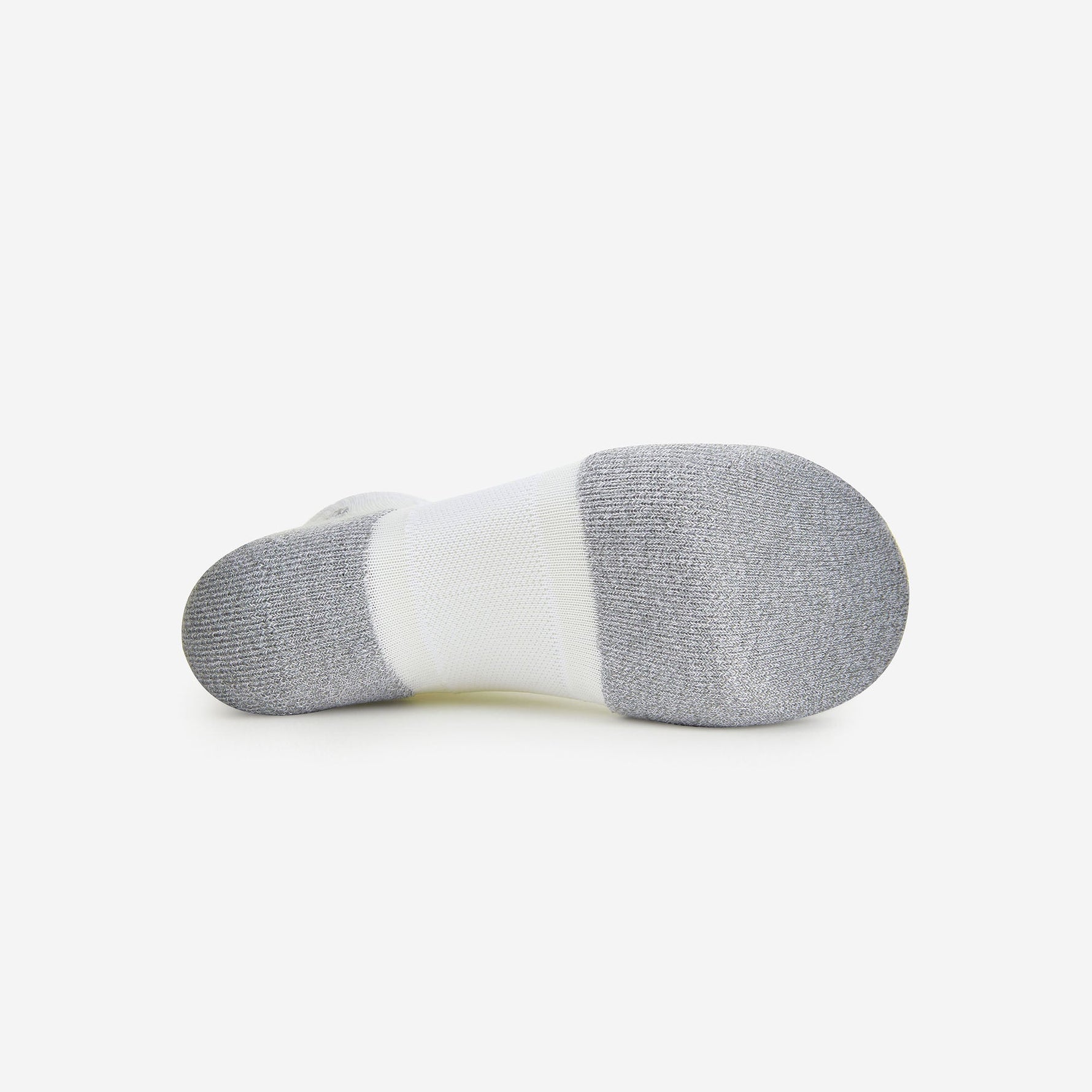 Bottom view of Experia No Show Tab Socks in grey and white colorway