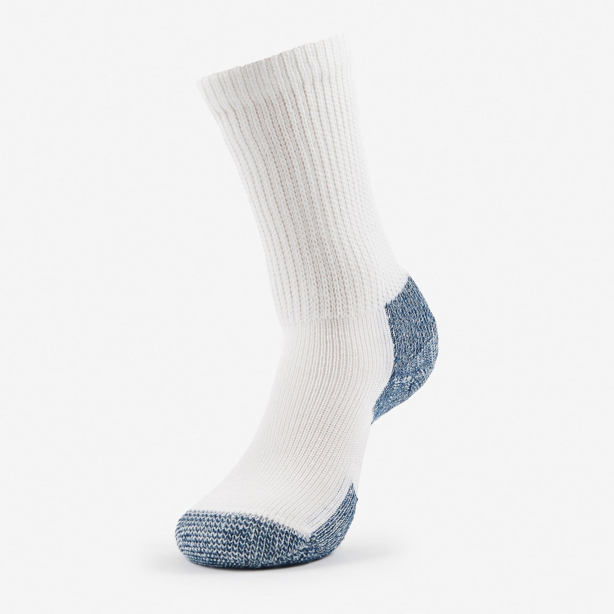 Thorlos Running Thick Cushion Crew sock in white with navy blue heel and toe