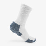 Thorlos crew maximum padding sock in white with navy reinforced heel and toe