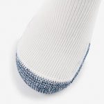 Thorlos running crew sock in white with navy blue cushioned toe close-up detail