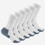 Five Thorlos Running Thick Cushion Crew socks in white with navy heel and toe, displayed upright