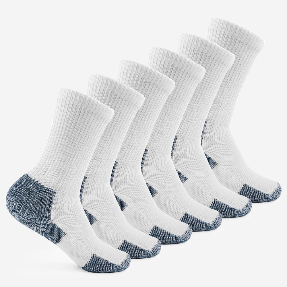 Five Thorlos Running Thick Cushion Crew socks in white with navy heel and toe, displayed upright
