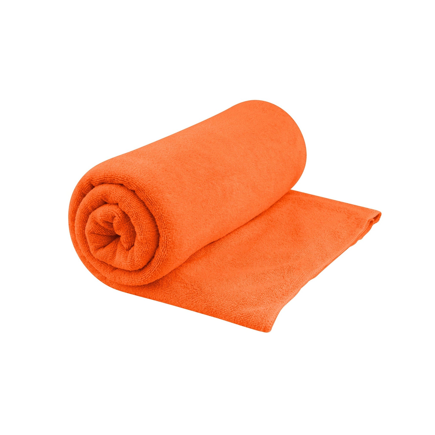 Orange Sea to Summit Tek Towel rolled and partially unfolded on white background