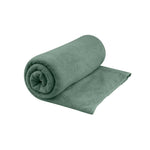 Sea To Summit Tek Towel in sage green, partially rolled up showing microfiber texture