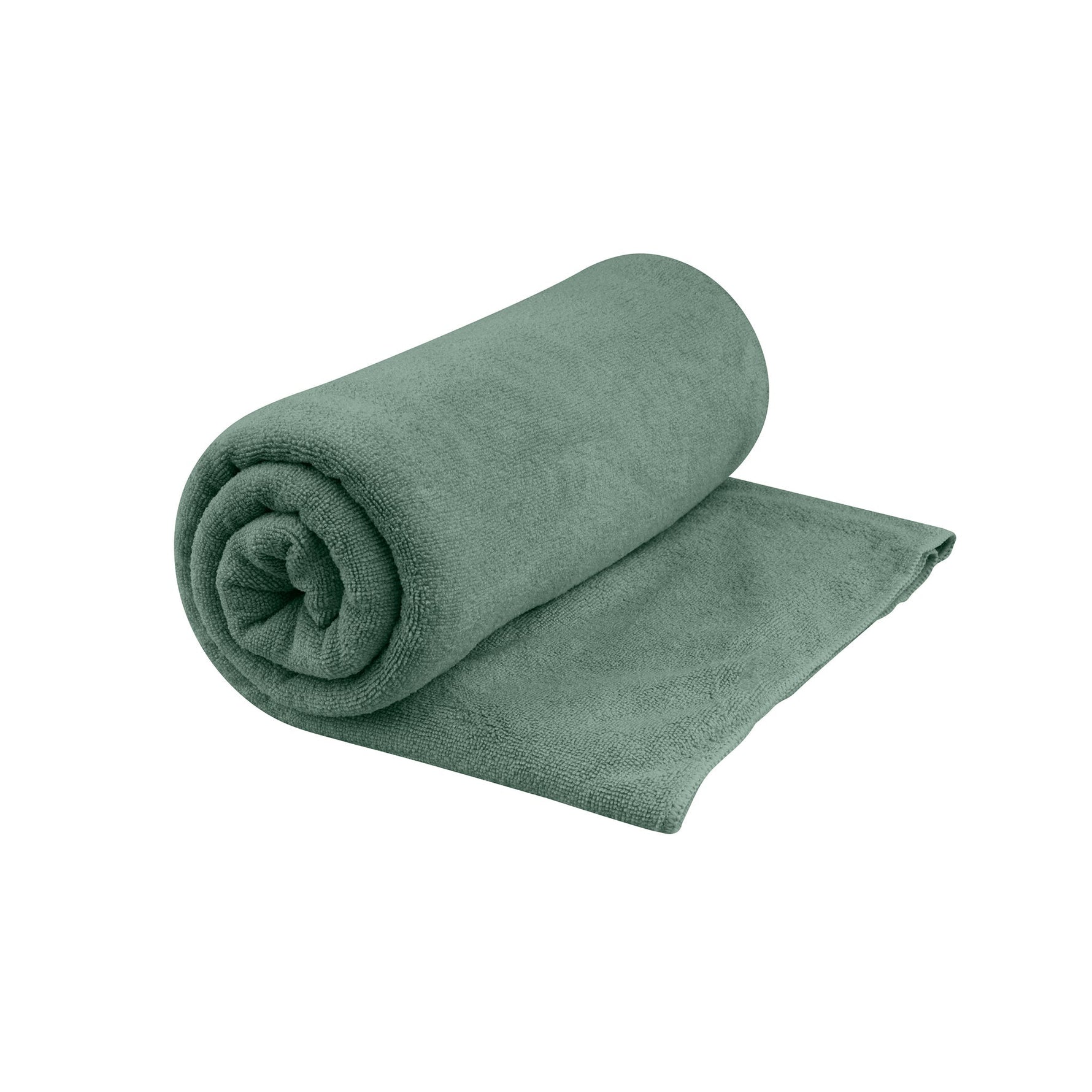 Sea To Summit Tek Towel in sage green, partially rolled up showing microfiber texture