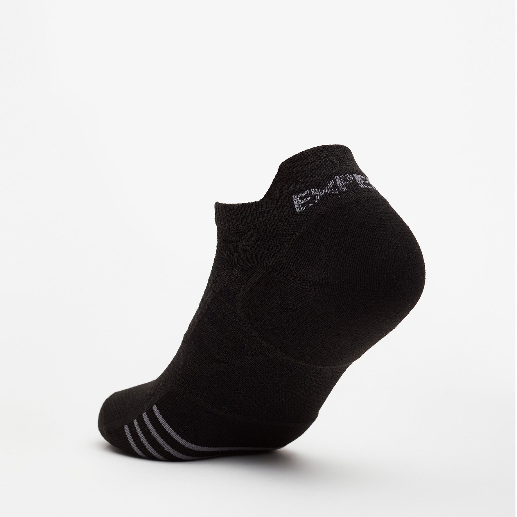 Experia Prolite black no show ankle sock with gray toe striping