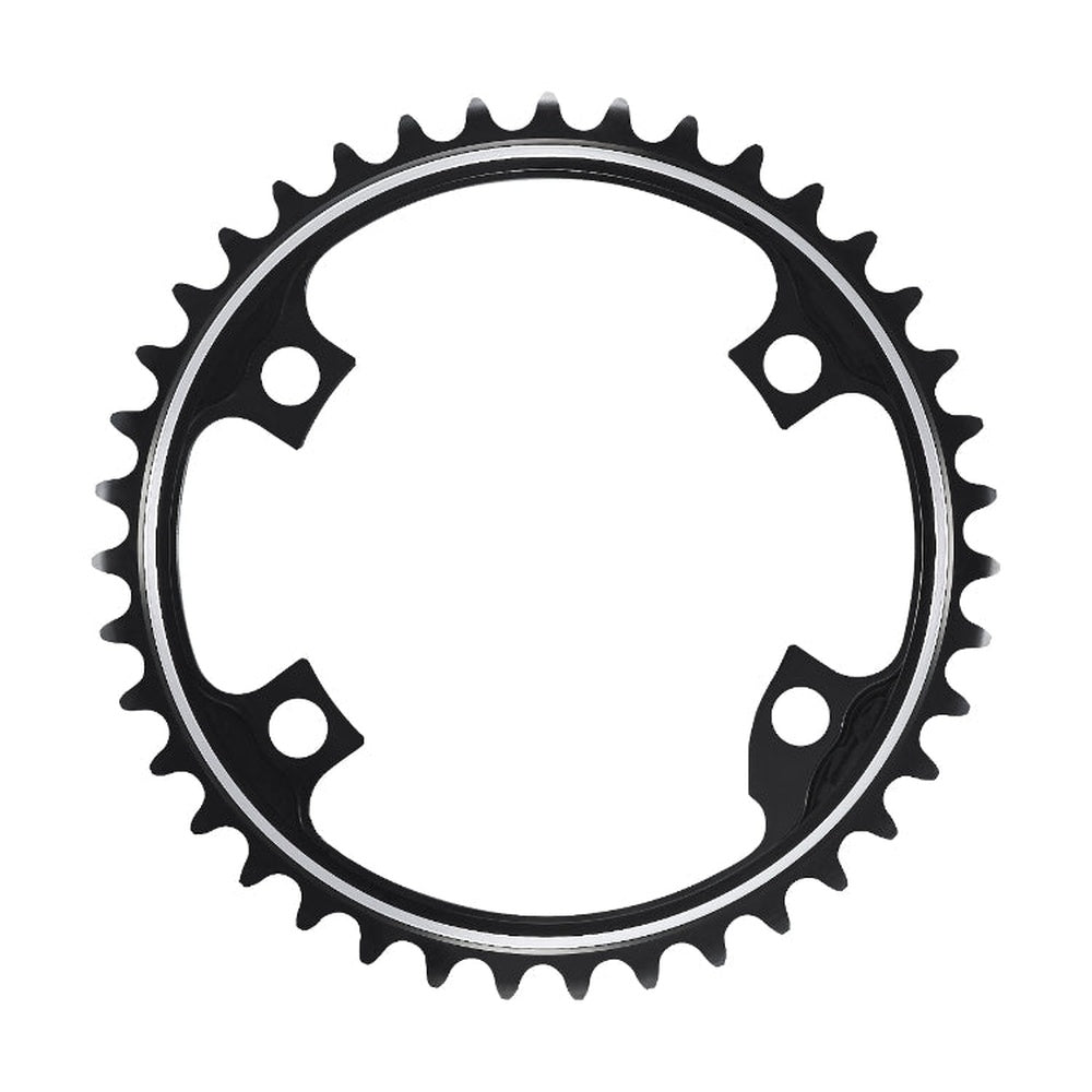 Shimano FC-R9100 39T black chainring with four bolt holes on white background