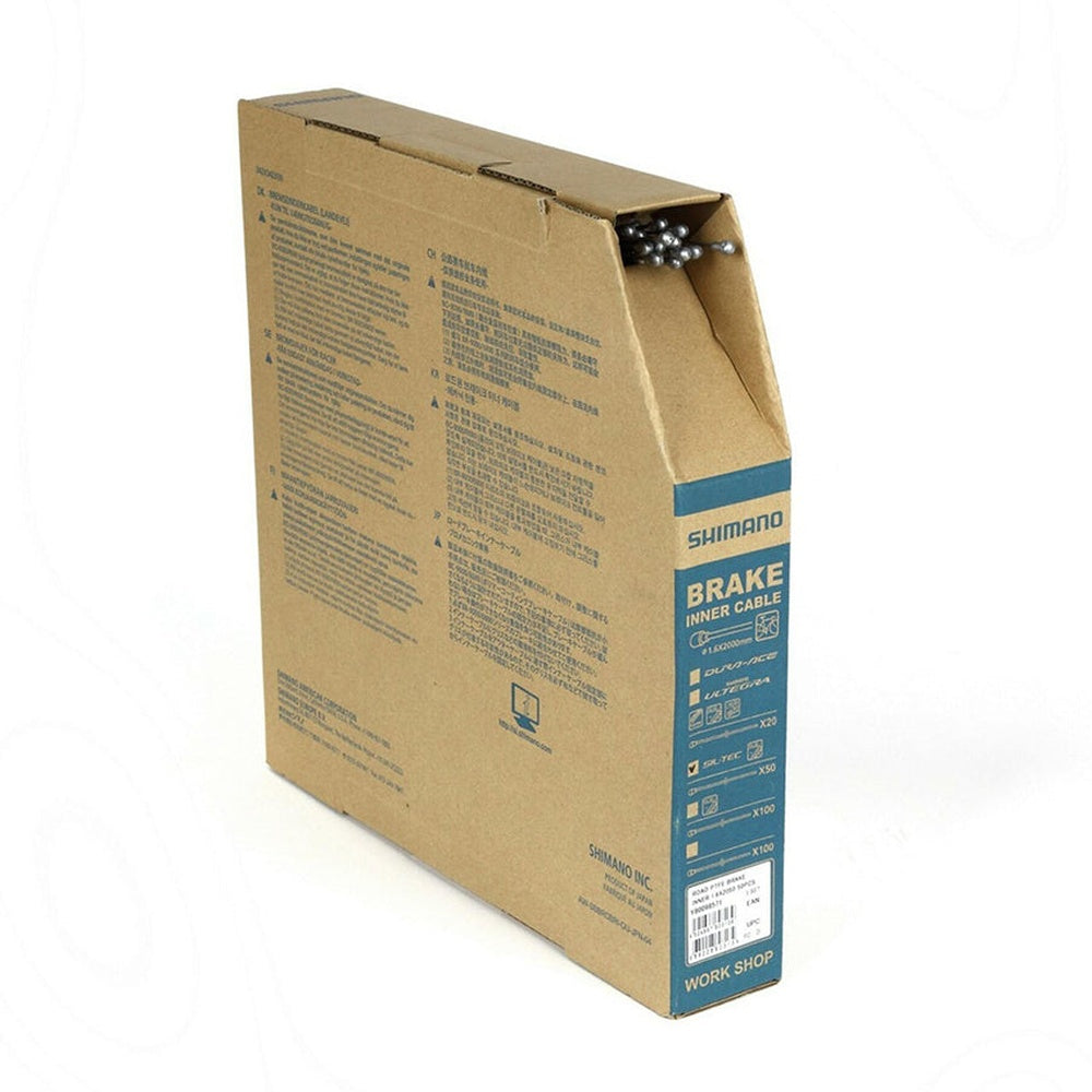 Shimano brake inner cable box showing brown cardboard packaging with blue branding