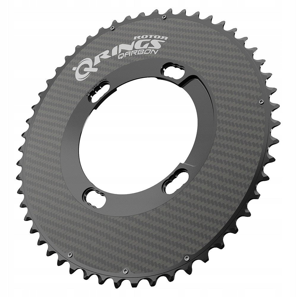 Rotor Qarbon Q-ring chainring in carbon fiber finish with oval shape and branded text