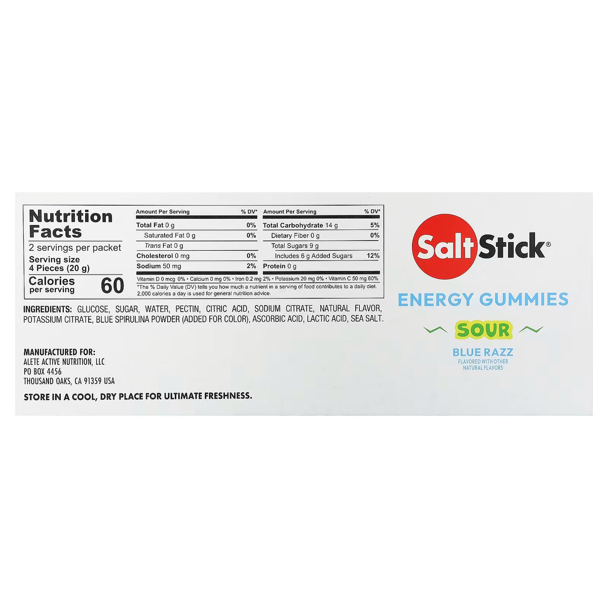 SaltStick Sour Blue Razz Energy Gummies single packet nutrition facts and ingredients panel