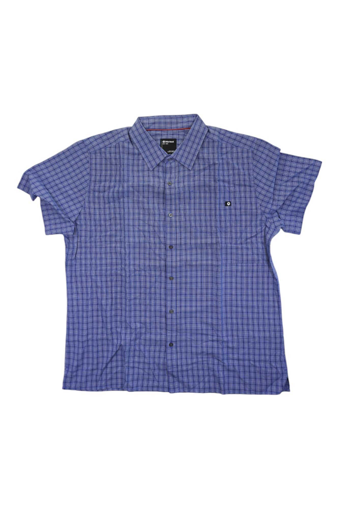 Marmot Men's Eldridge Short-Sleeve Shirt in Varsity Blue plaid pattern flat lay