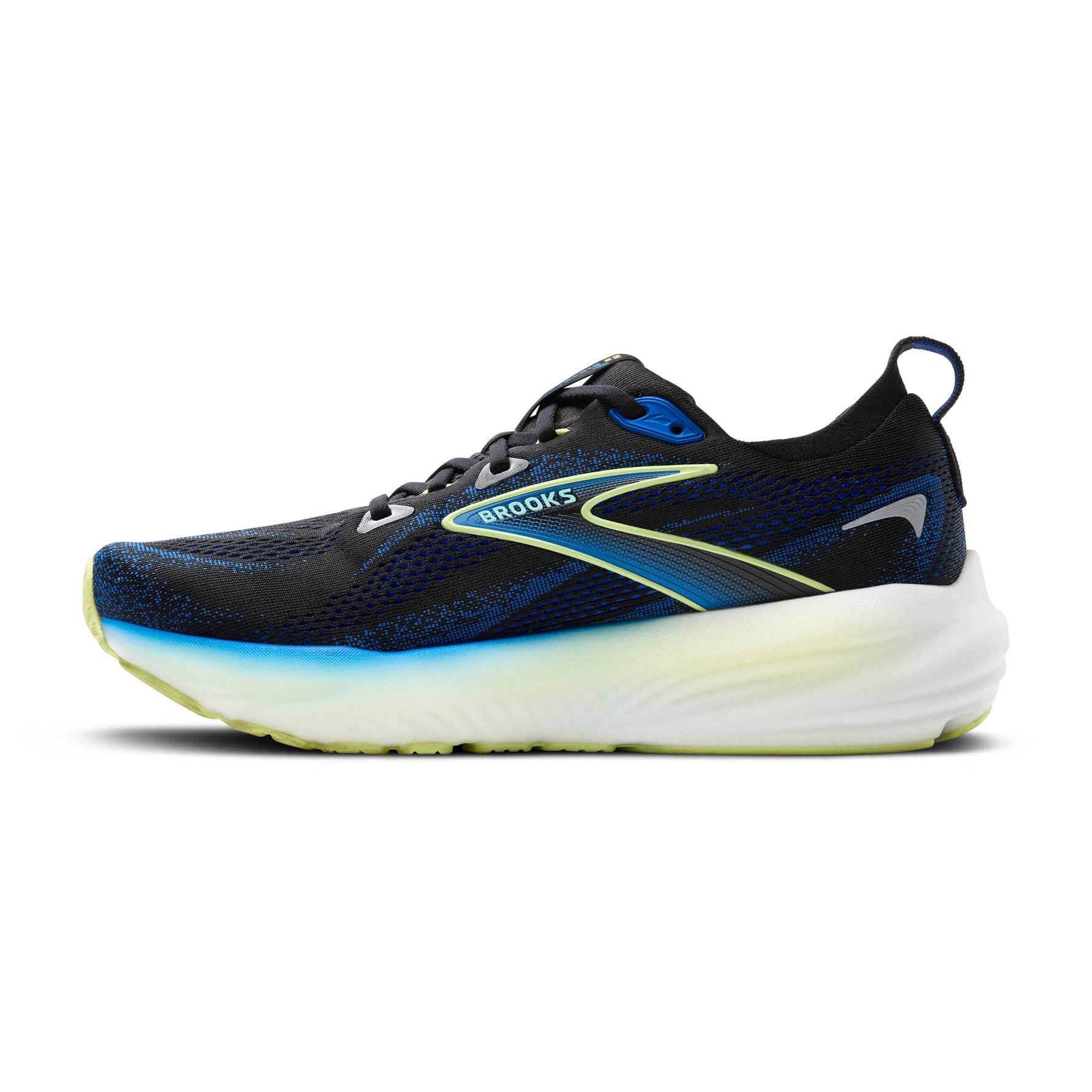 Brooks Glycerin 22 men's running shoe in black with cobalt blue and neo yellow accents