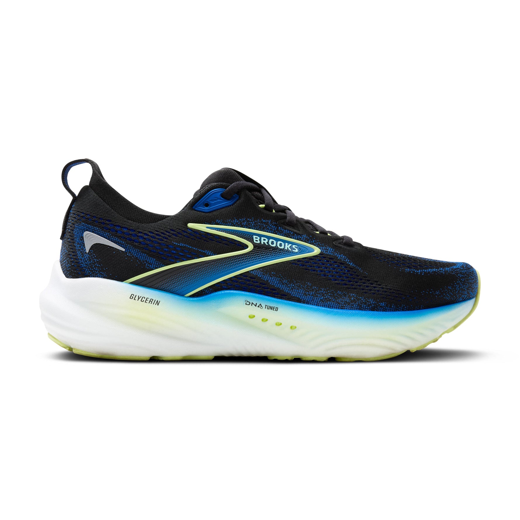 Brooks Glycerin 22 men's running shoe in black with cobalt blue and neo yellow accents