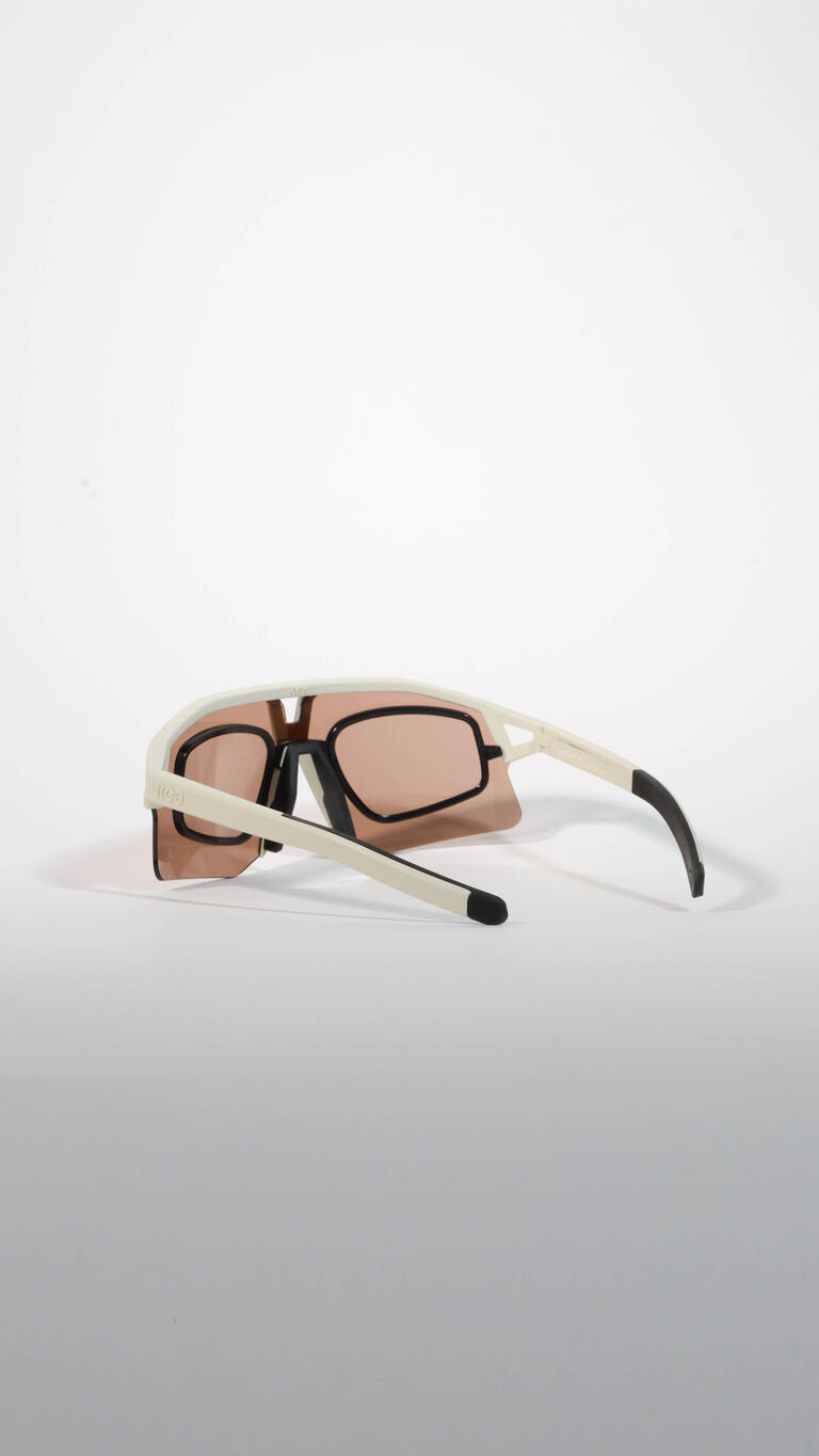 KOO optical clip sunglasses with white frame and brown lenses on white background