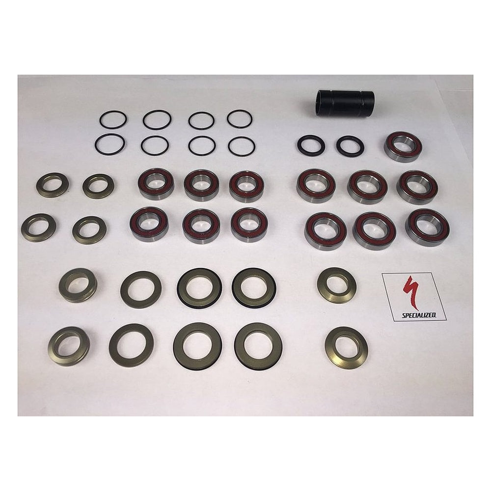 Specialized 2011 Camber Myka FSR bearing kit with seals, bearings, and spacers laid out