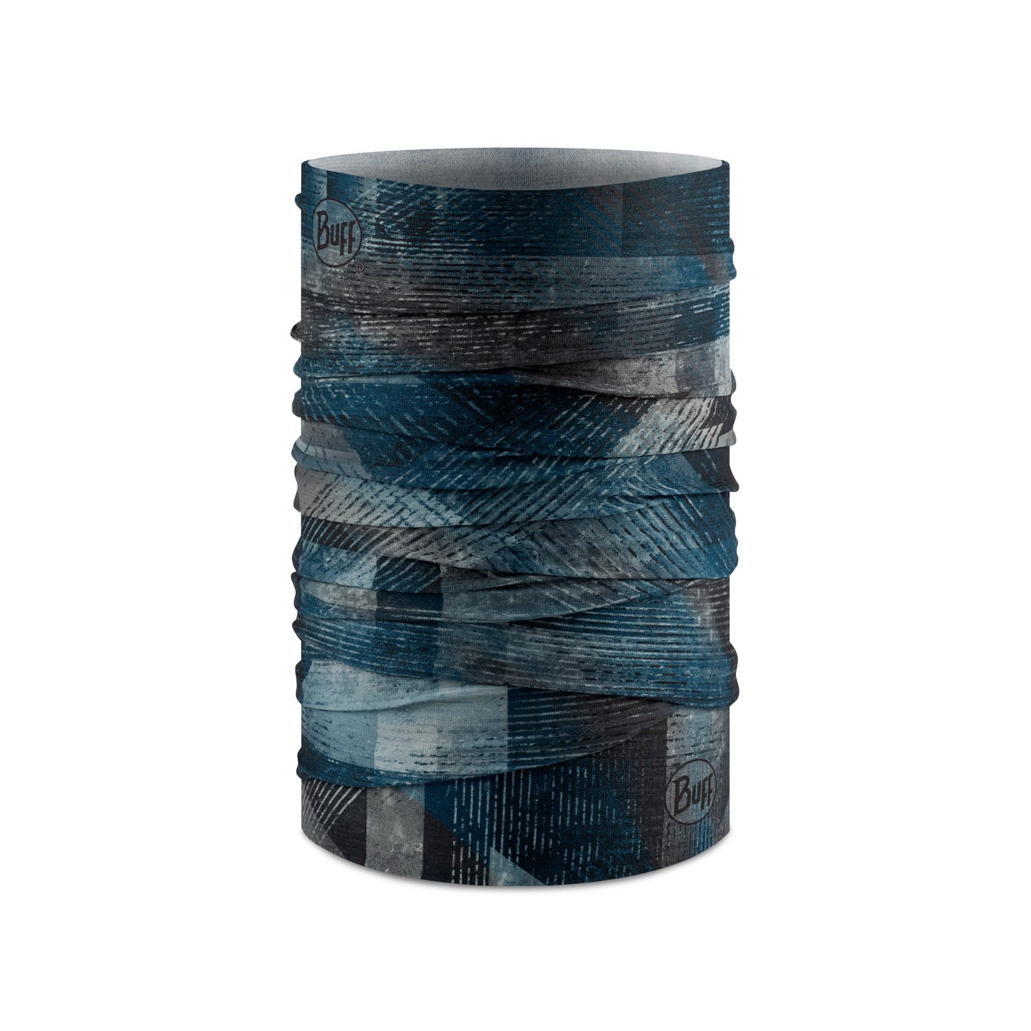 Buff Cool Net UV+ neck gaiter in blue geometric pattern on white background
