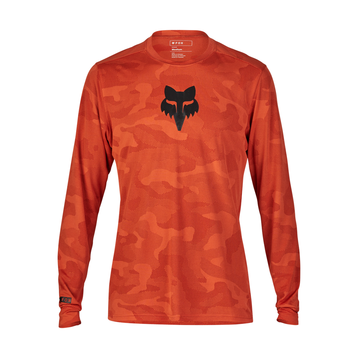 Fox Ranger Long Sleeve Jersey in orange-red tonal camo with black Fox head logo