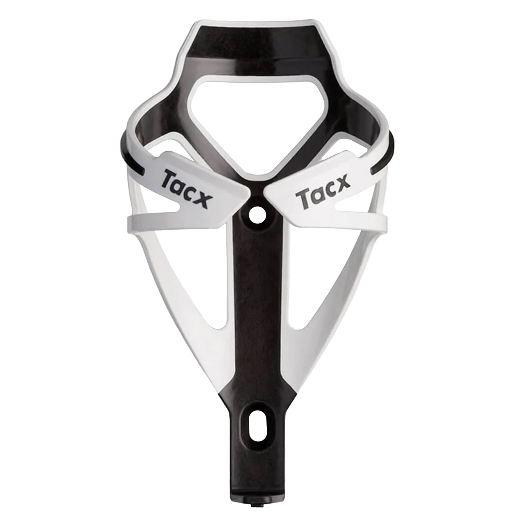 Tacx Deva carbon fiber bicycle bottle cage in black and white finish