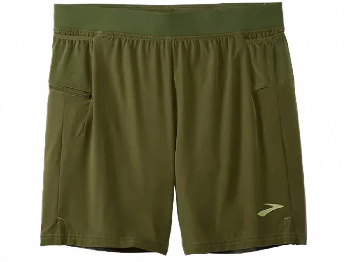 Brooks Sherpa 7-inch 2-in-1 men's running shorts in carbon green with elastic waistband