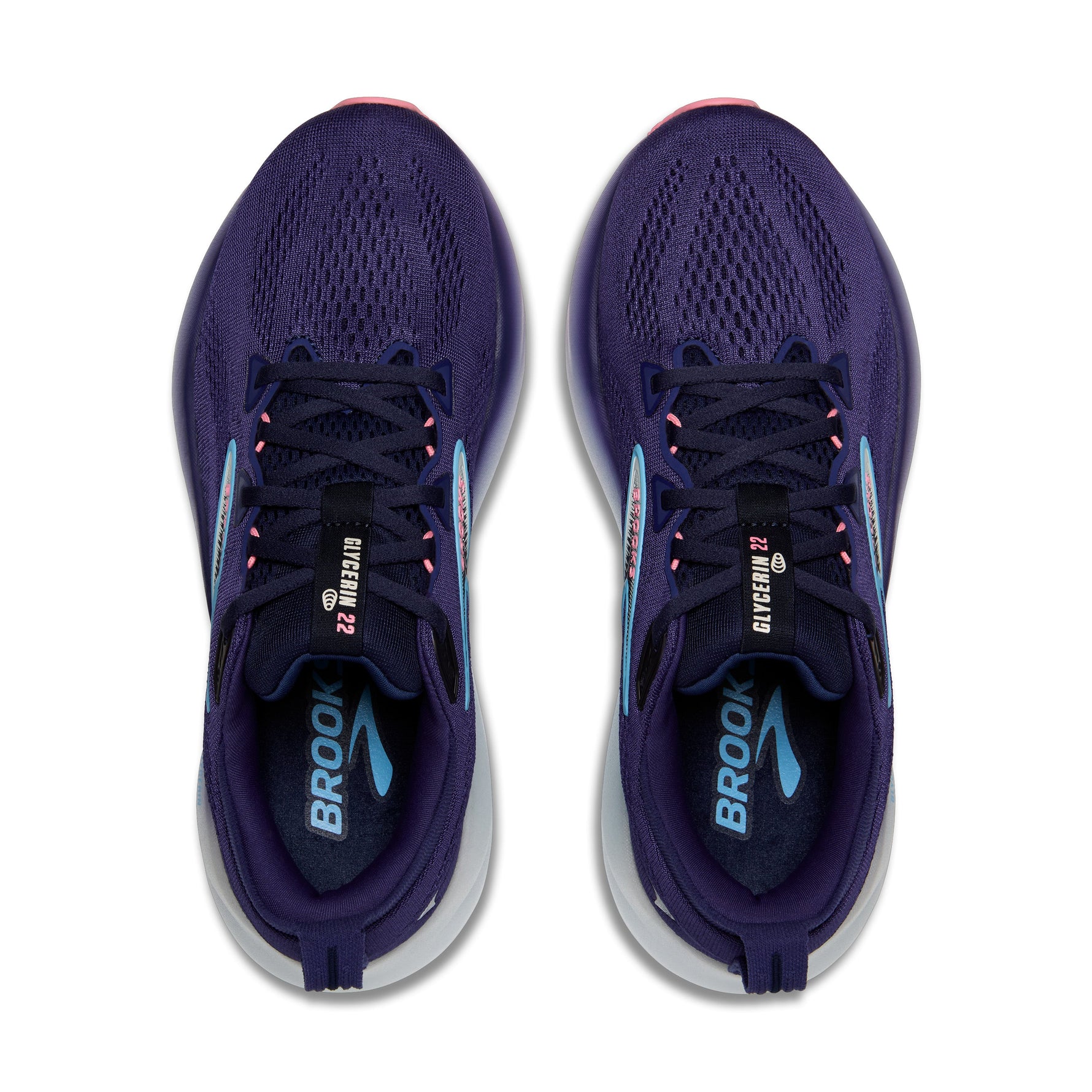 Brooks Glycerin 22 women's running shoes in Blue Ribbon/Peacoat colorway with coral pink accents