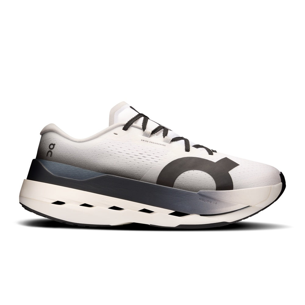 On Cloudboom Max men's running shoe in white with black details and distinctive sole