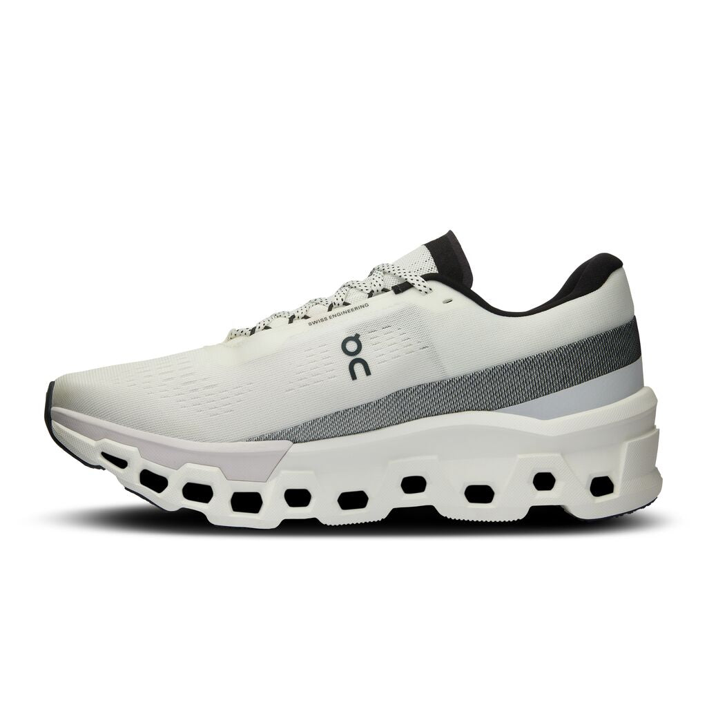 On Cloudmonster 2 running shoe in white and frost colorway with signature cloud sole
