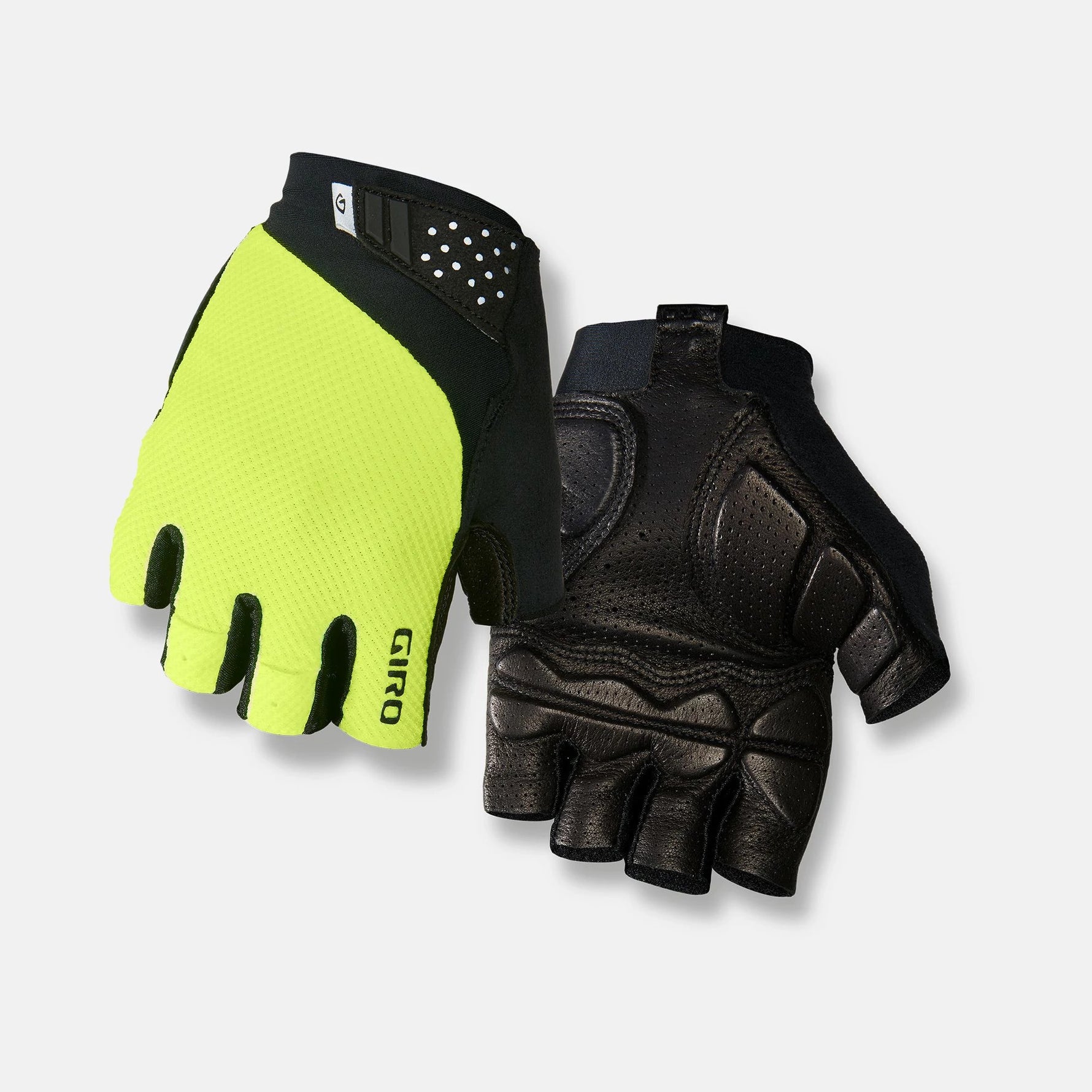 Giro Monaco II Gel cycling gloves in bright yellow and black, showing palm and back