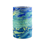 Buff Cool Net UV+ neck gaiter in blue and yellow abstract camouflage pattern
