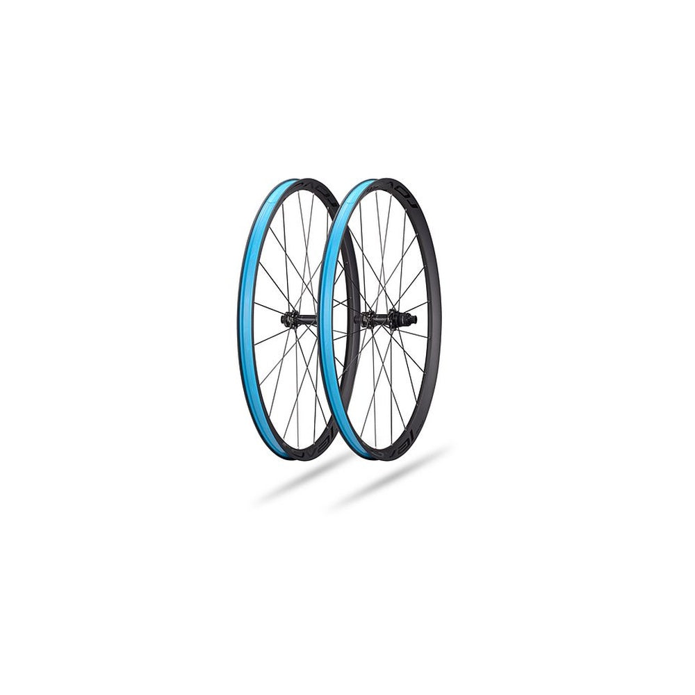 Specialized bicycle wheelset with black carbon rims and blue accent trim