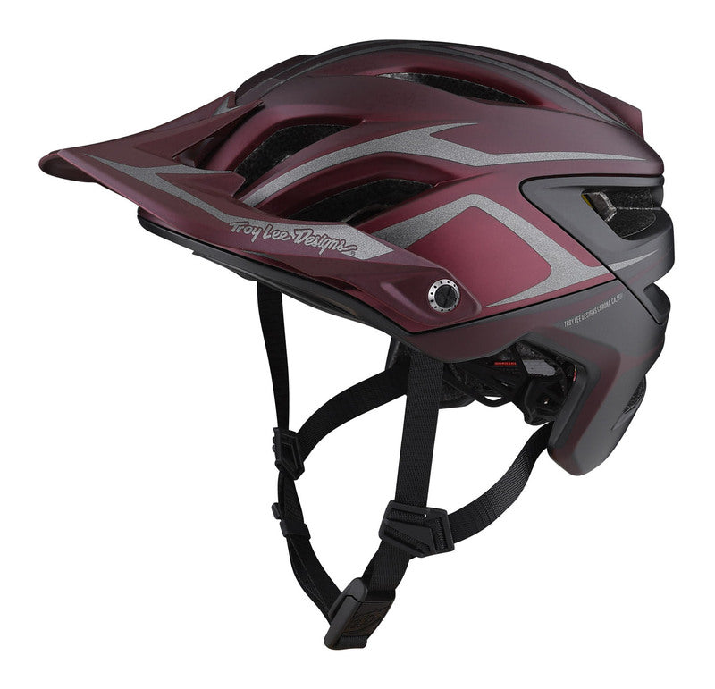Troy Lee Designs A3 MIPS mountain bike helmet in burgundy with silver accents