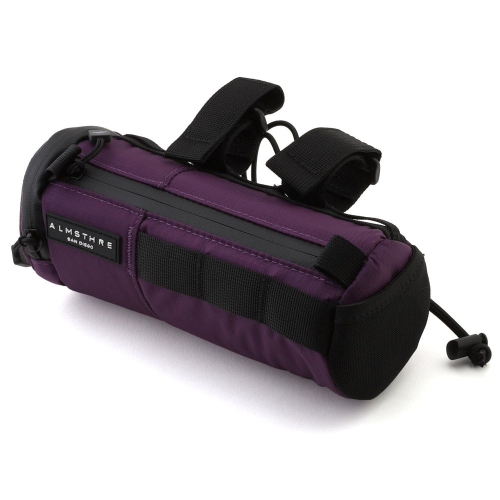 Purple Almsthre compact bicycle bar bag with black straps and mounting hardware