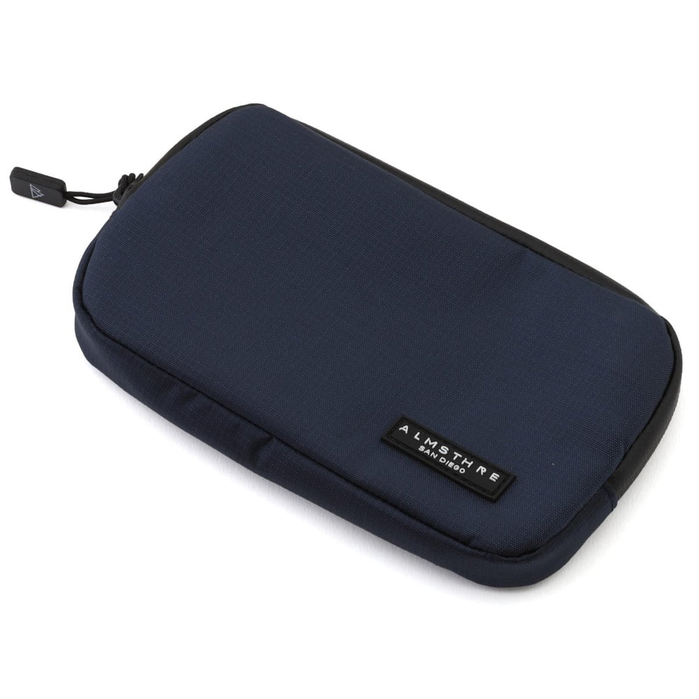 ALMSTHRE Ride Wallet in dark navy blue with zipper closure and logo patch