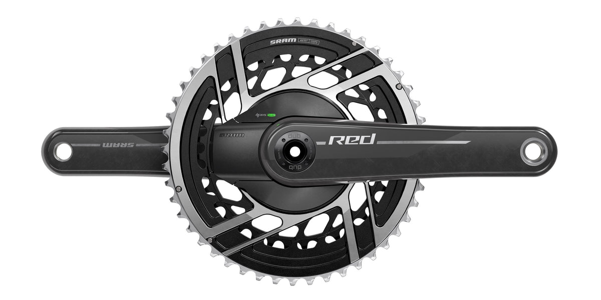 SRAM Red AXS D1 power meter crankset with double chainrings on white background