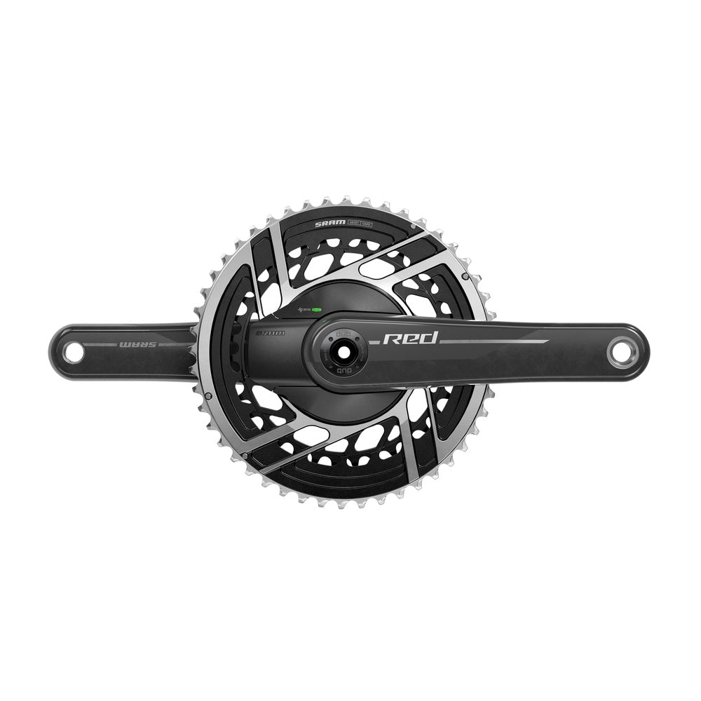 SRAM Red AXS crankset with dual chainrings on clean white background