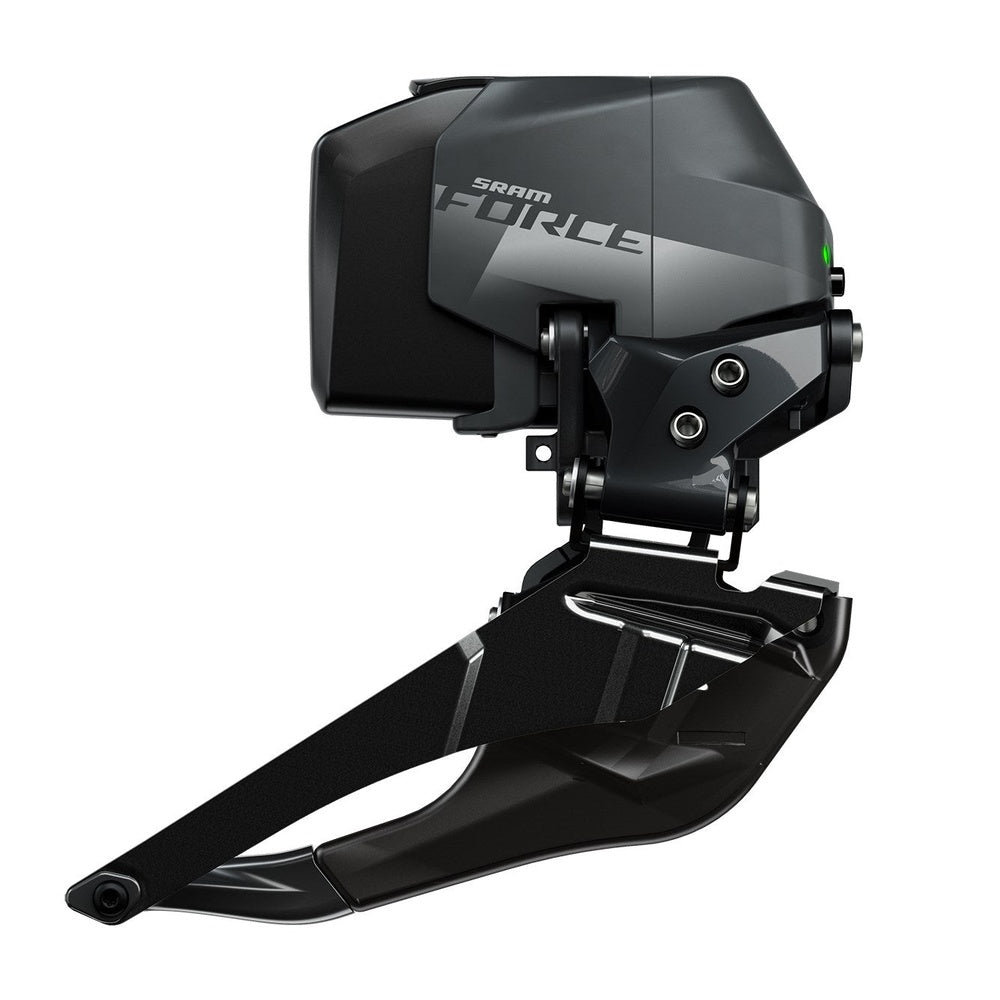SRAM Force eTap AXS front derailleur in black finish on white background