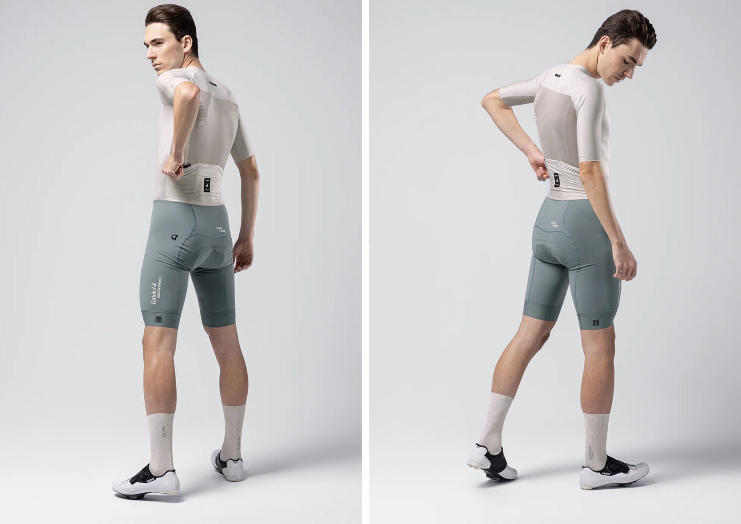 Gobik Brooklyn cycling suit in argonite colorway with white jersey and green shorts