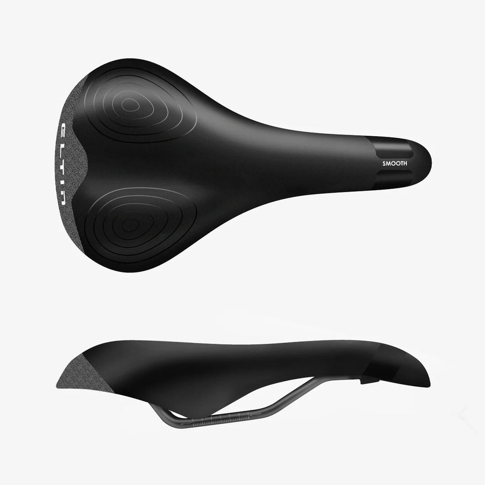 Eltin Aris black bicycle saddle shown from top and side view
