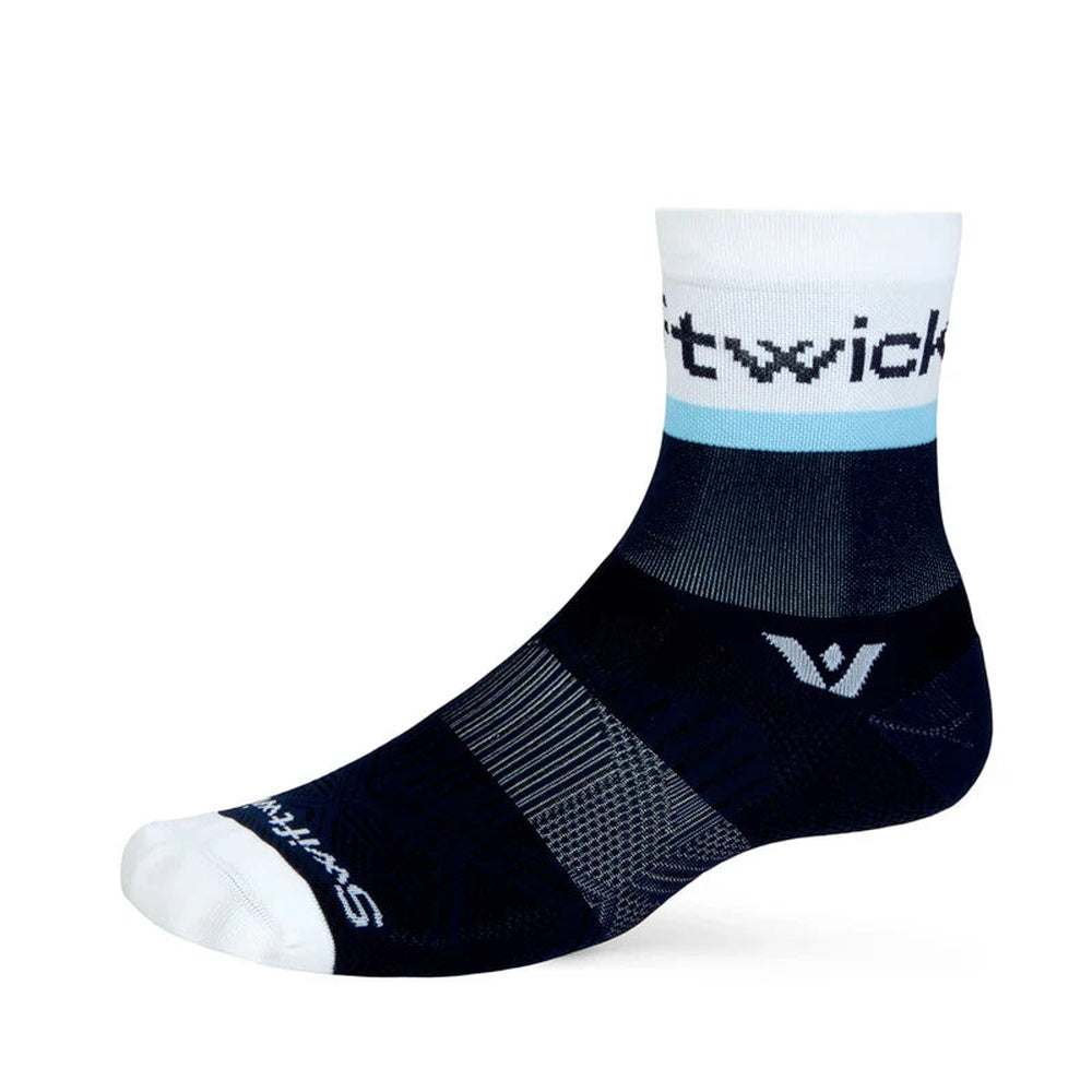 Swiftwick cycling sock with navy blue base, white cuff, and blue stripe design