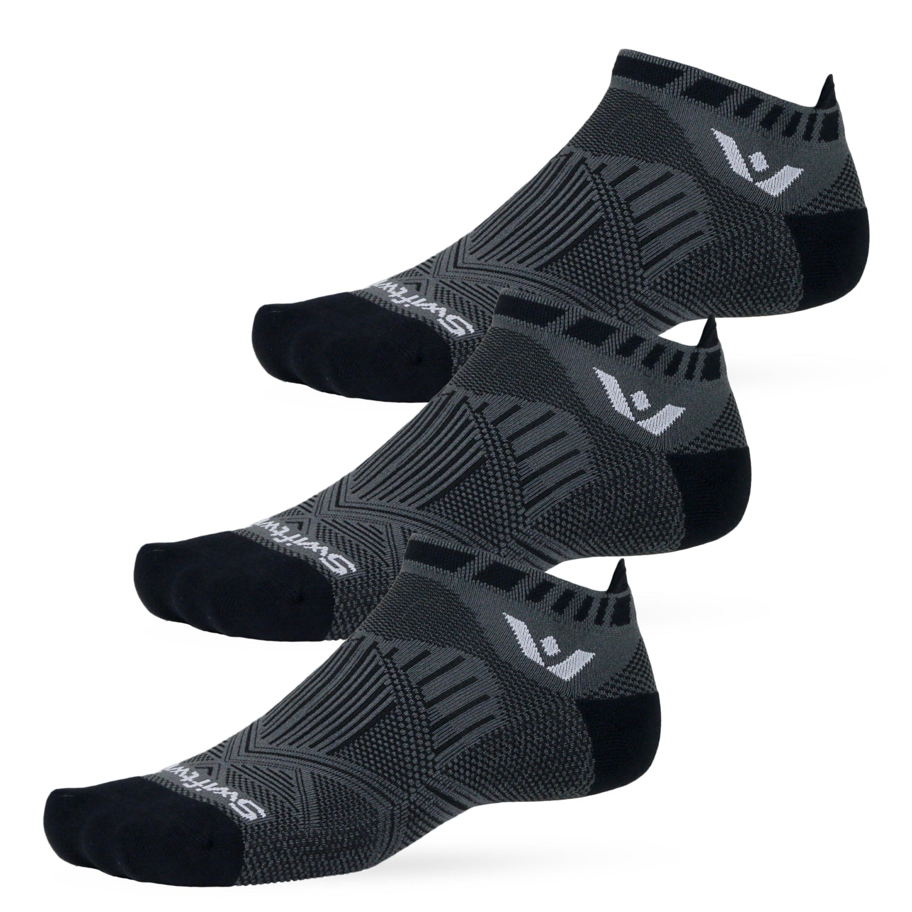 Three Swiftwick Aspire Zero Tab no-show running socks in dark navy geometric pattern