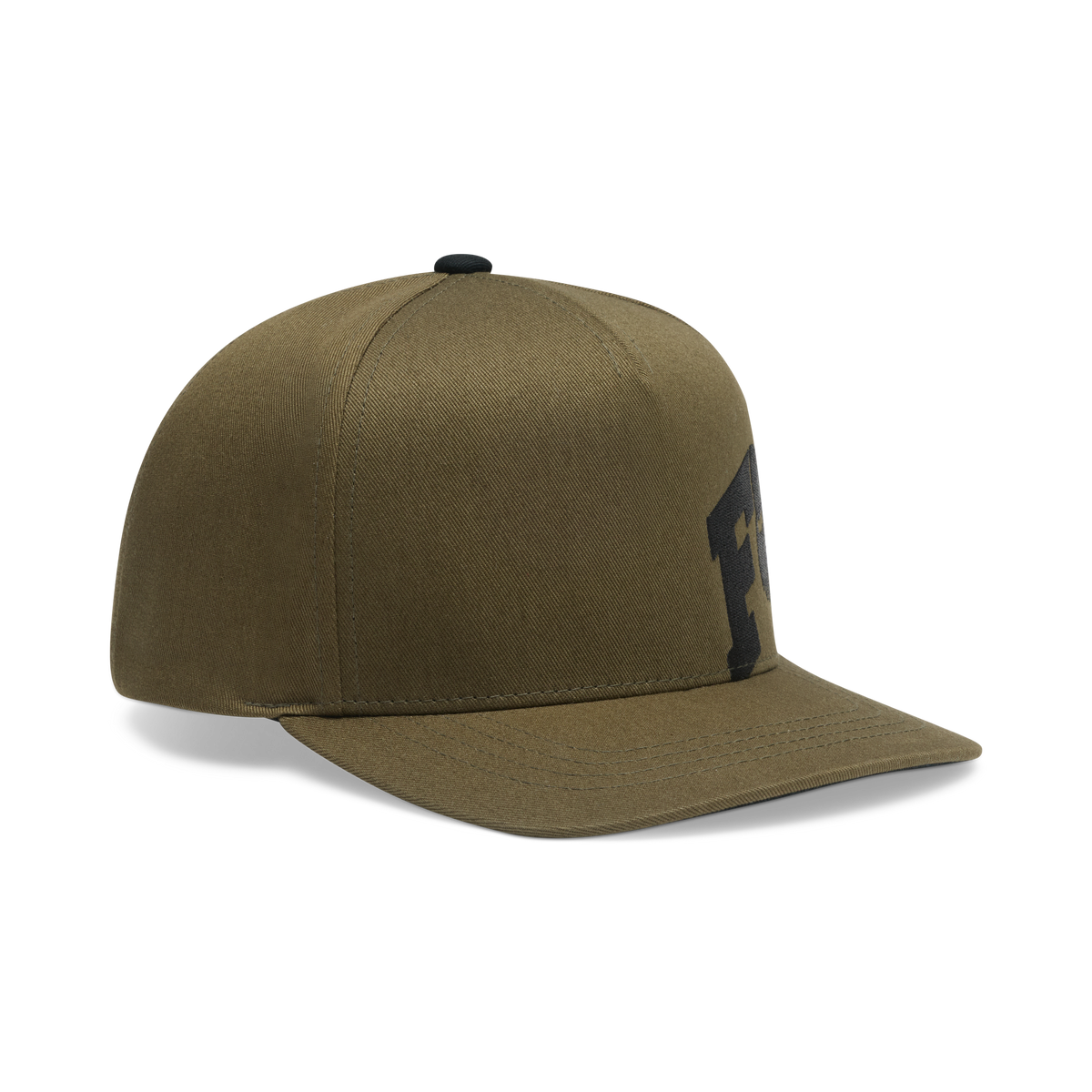 Fox Racing snapback hat in olive green with black embroidered logo on front panel